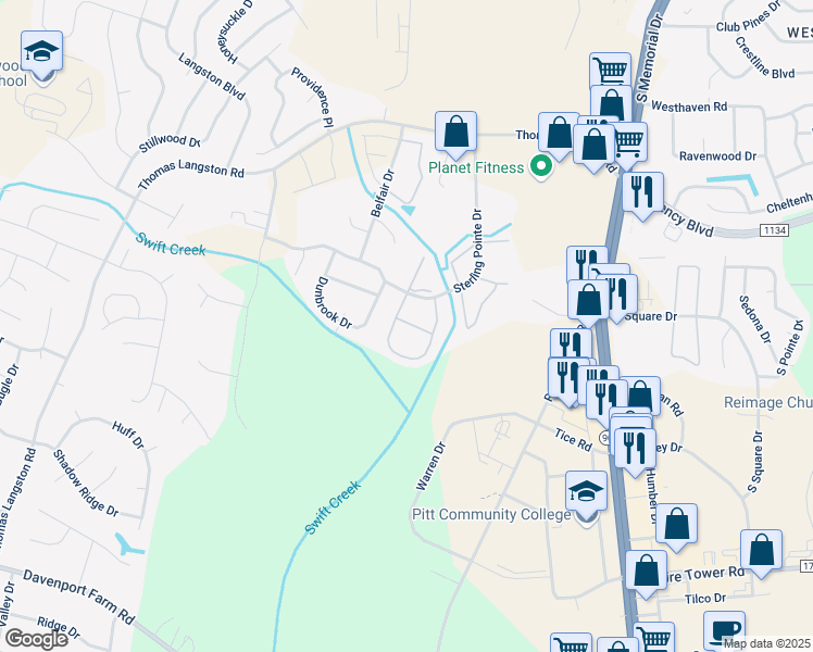 map of restaurants, bars, coffee shops, grocery stores, and more near 3959 Sterling Pointe Drive in Winterville