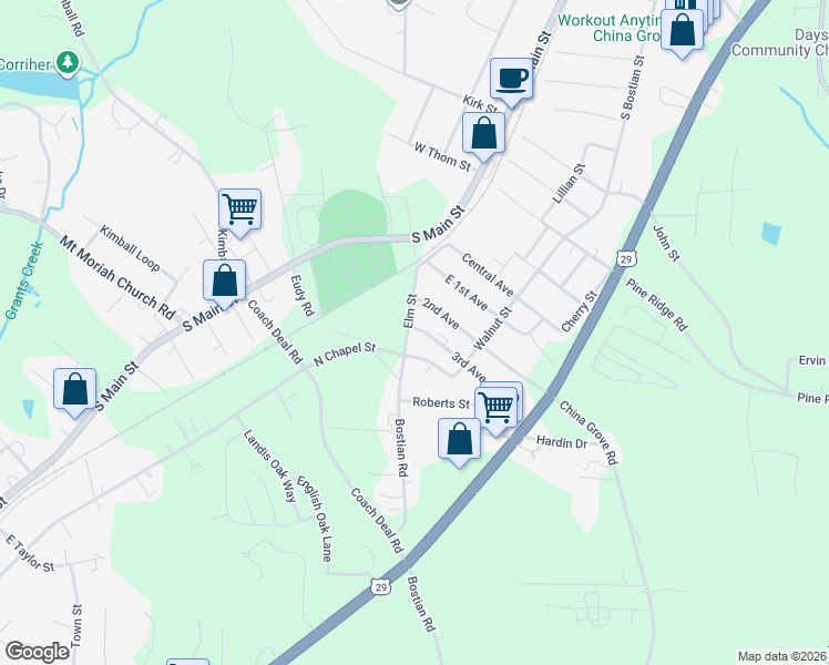 map of restaurants, bars, coffee shops, grocery stores, and more near 179 3rd Avenue in China Grove