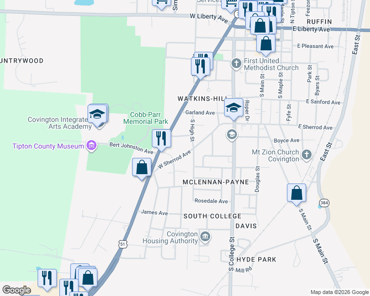 map of restaurants, bars, coffee shops, grocery stores, and more near 718 West Sherrod Avenue in Covington