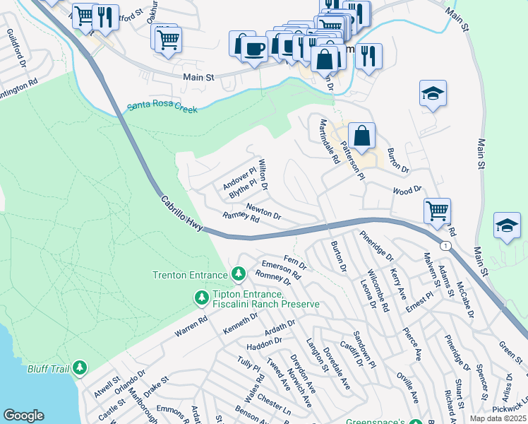 map of restaurants, bars, coffee shops, grocery stores, and more near Newton Drive in Cambria