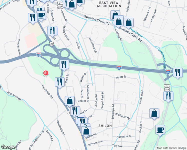 map of restaurants, bars, coffee shops, grocery stores, and more near 301 London Road in Asheville