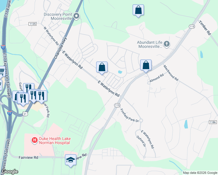map of restaurants, bars, coffee shops, grocery stores, and more near 116b Morning Mist Lane in Mooresville