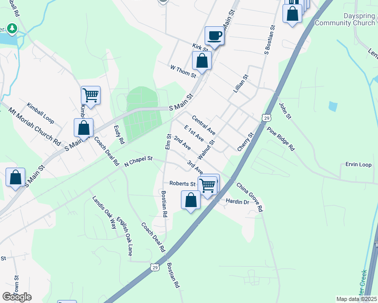 map of restaurants, bars, coffee shops, grocery stores, and more near 133 2nd Avenue in China Grove