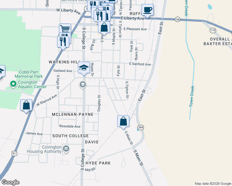map of restaurants, bars, coffee shops, grocery stores, and more near 813 S Maple St in Covington