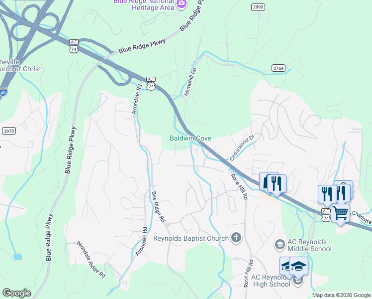 map of restaurants, bars, coffee shops, grocery stores, and more near 101 Charlotte Highway in Asheville