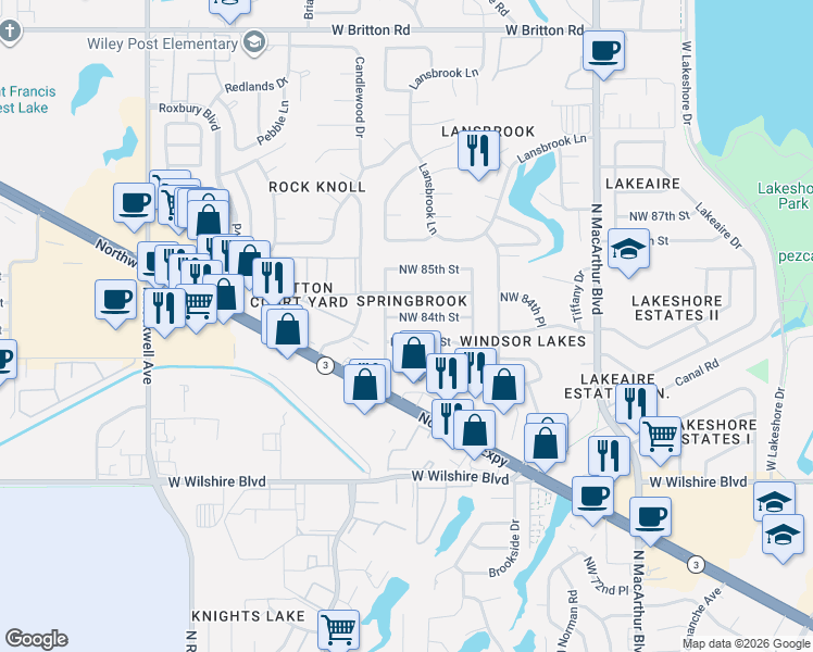 map of restaurants, bars, coffee shops, grocery stores, and more near 6300 Northwest 84th Street in Oklahoma City