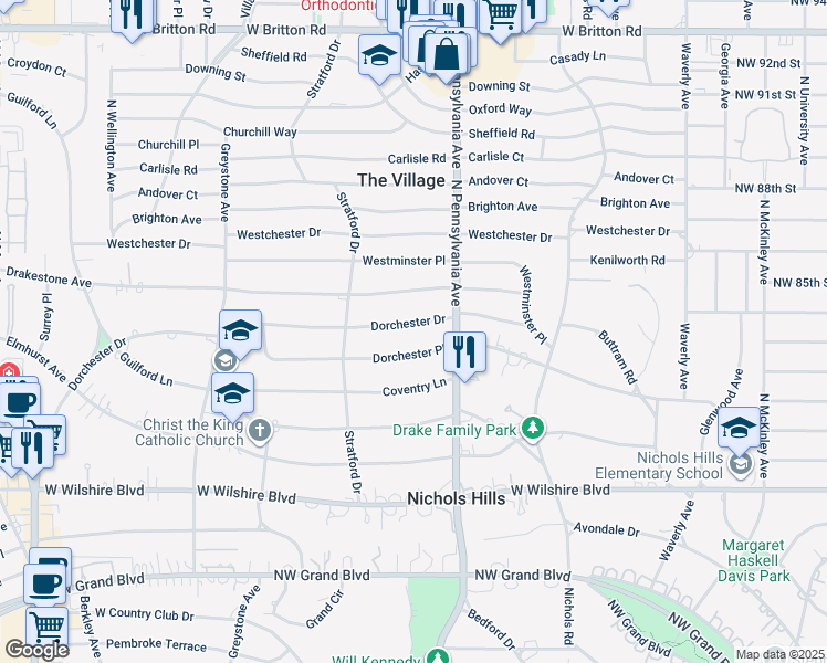 map of restaurants, bars, coffee shops, grocery stores, and more near 1708 Dorchester Drive in Nichols Hills