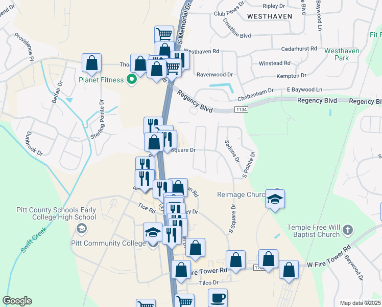 map of restaurants, bars, coffee shops, grocery stores, and more near 589 South Square Drive in Winterville