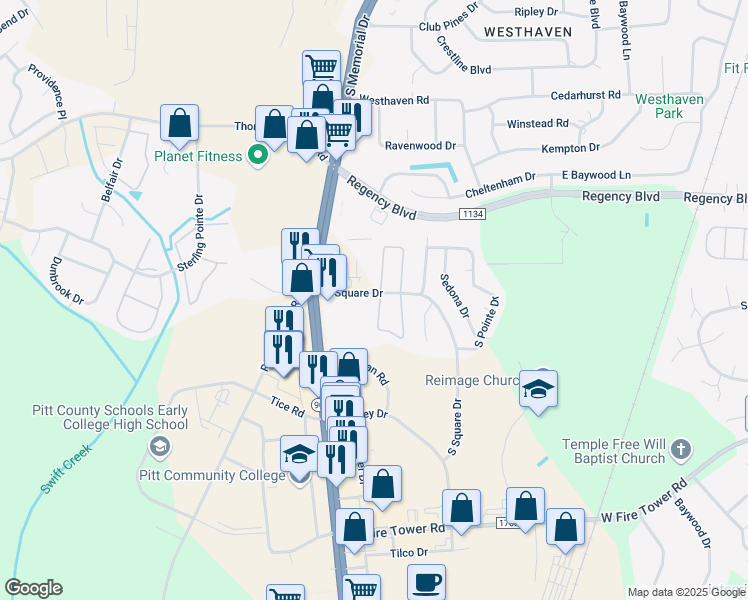 map of restaurants, bars, coffee shops, grocery stores, and more near 589 South Square Drive in Winterville