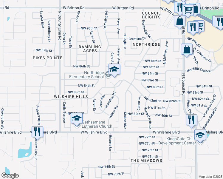 map of restaurants, bars, coffee shops, grocery stores, and more near 8504 Northwest 82nd Street in Oklahoma City