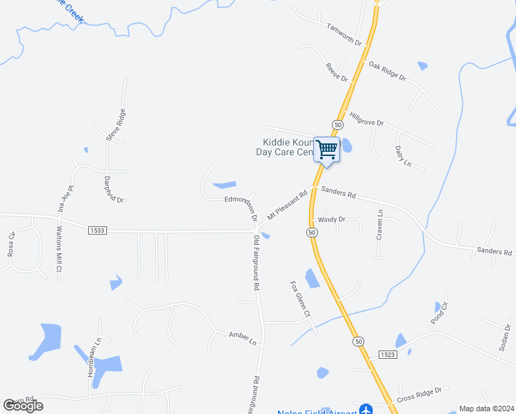 map of restaurants, bars, coffee shops, grocery stores, and more near 108 Edmondson Drive in Johnston County