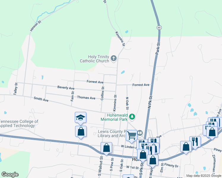map of restaurants, bars, coffee shops, grocery stores, and more near 408 Kimmins Street in Hohenwald