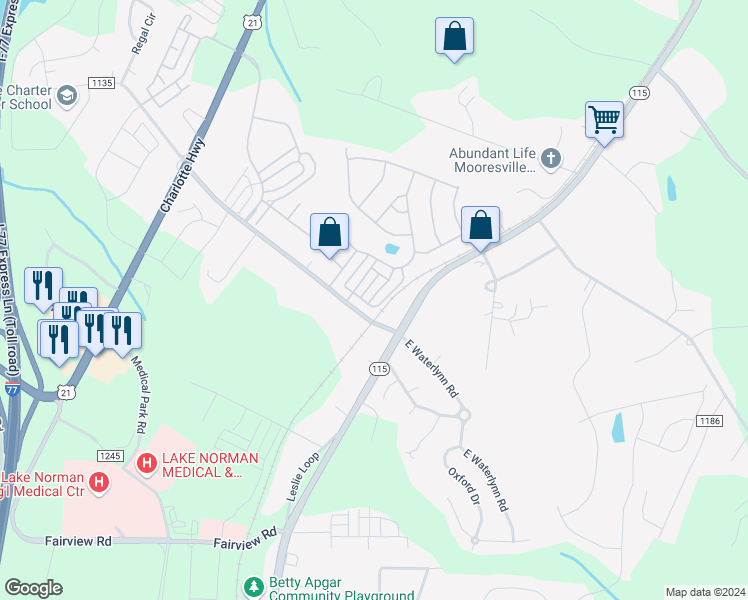 map of restaurants, bars, coffee shops, grocery stores, and more near 116b Morning Mist Lane in Mooresville
