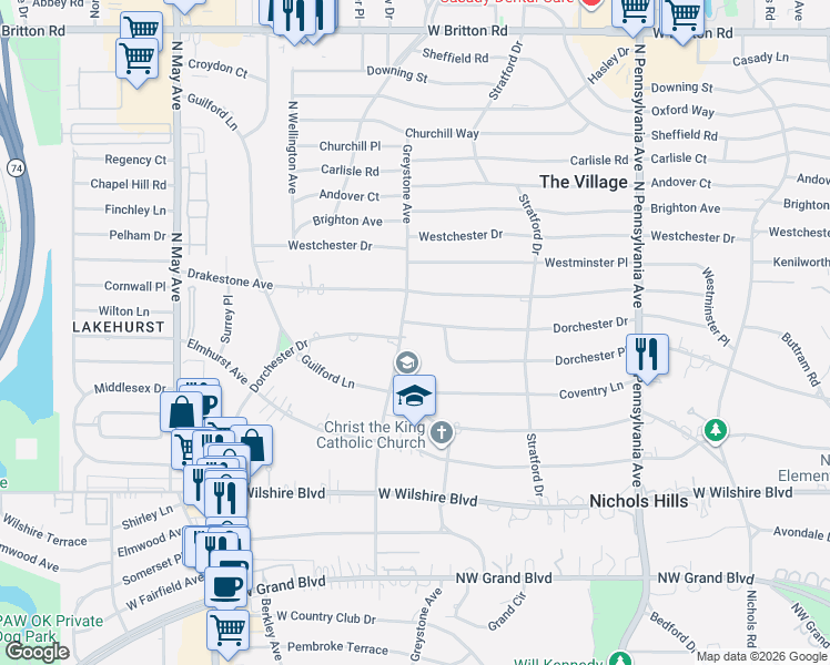 map of restaurants, bars, coffee shops, grocery stores, and more near 1908 Dorchester Drive in Nichols Hills