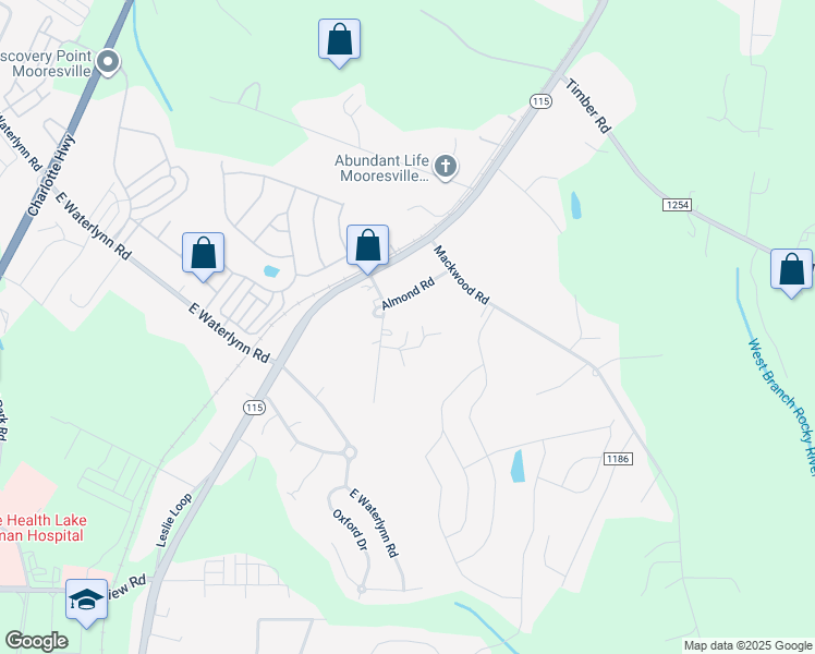 map of restaurants, bars, coffee shops, grocery stores, and more near 119 Moffett Lane in Mooresville