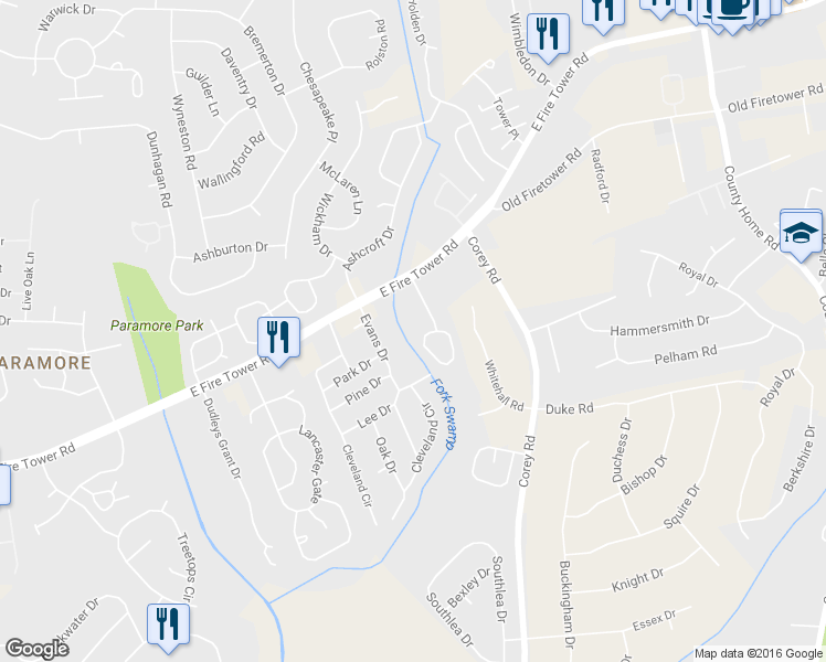 map of restaurants, bars, coffee shops, grocery stores, and more near 4104 Bridge Court in Winterville