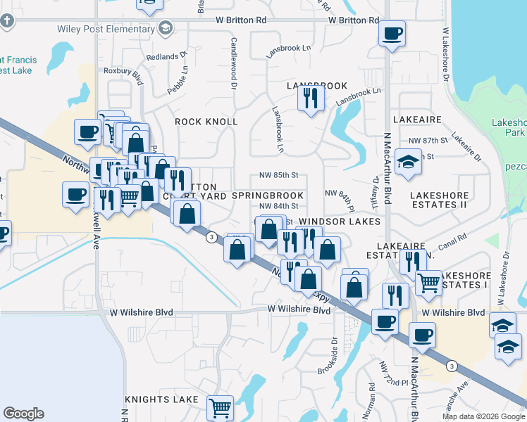 map of restaurants, bars, coffee shops, grocery stores, and more near 6300 Northwest 84th Street in Oklahoma City