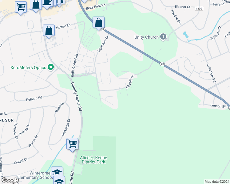 map of restaurants, bars, coffee shops, grocery stores, and more near 4036 Bluebill Drive in Greenville