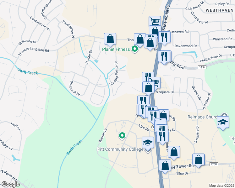 map of restaurants, bars, coffee shops, grocery stores, and more near 3913 Sterling Pointe Drive in Winterville