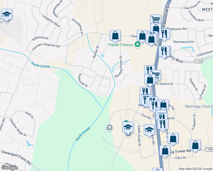 map of restaurants, bars, coffee shops, grocery stores, and more near 3949 Sterling Pointe Drive in Winterville