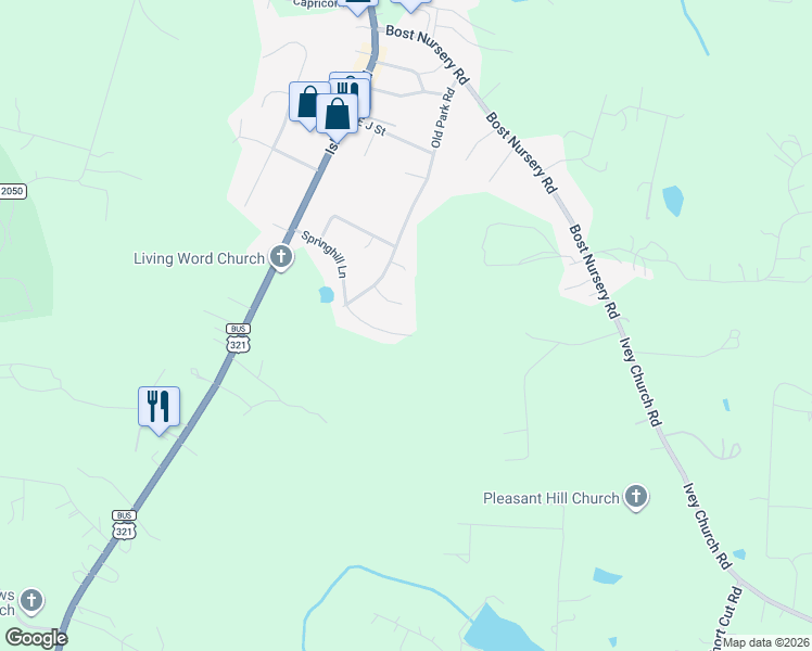 map of restaurants, bars, coffee shops, grocery stores, and more near 315 Springhill Lane in Maiden