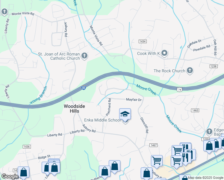 map of restaurants, bars, coffee shops, grocery stores, and more near 28 Mayfair Drive in Candler