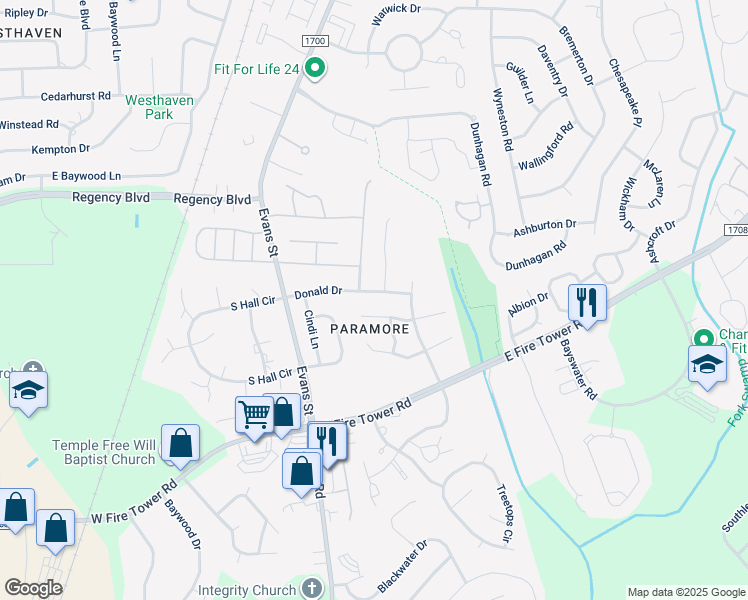 map of restaurants, bars, coffee shops, grocery stores, and more near 304 Donald Drive in Winterville