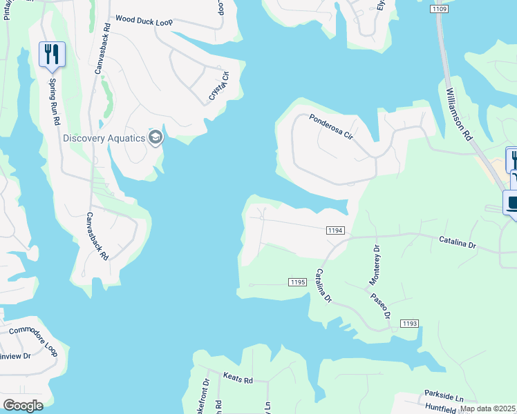 map of restaurants, bars, coffee shops, grocery stores, and more near 188 Malibu Road in Mooresville
