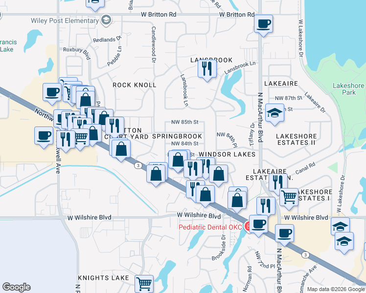 map of restaurants, bars, coffee shops, grocery stores, and more near 6300 Northwest 84th Street in Oklahoma City