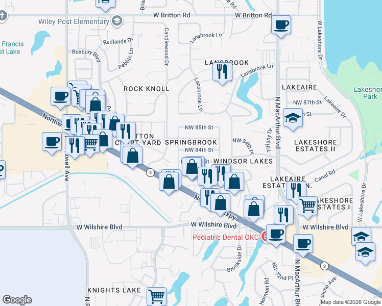 map of restaurants, bars, coffee shops, grocery stores, and more near 6300 Northwest 84th Street in Oklahoma City