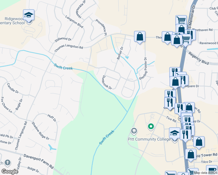 map of restaurants, bars, coffee shops, grocery stores, and more near Fenton Drive in Winterville