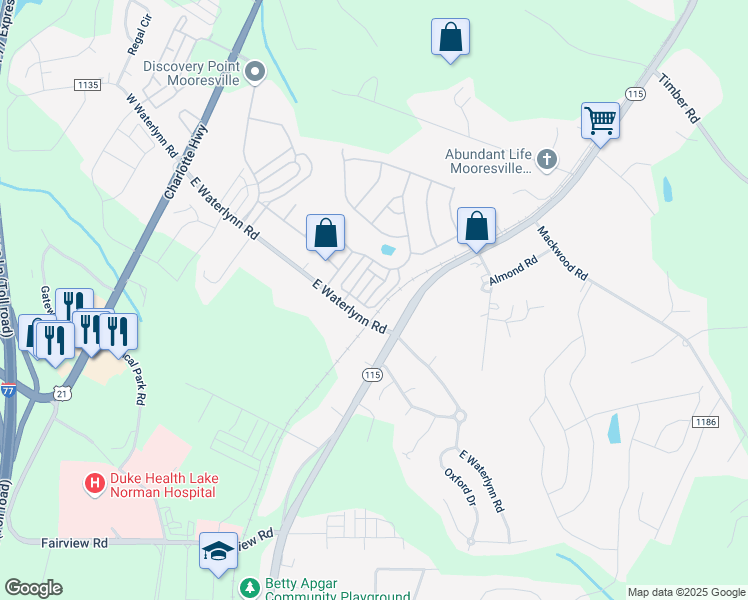 map of restaurants, bars, coffee shops, grocery stores, and more near 116 Morning Mist Lane in Mooresville