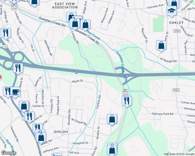 map of restaurants, bars, coffee shops, grocery stores, and more near 201 Caribou Road in Asheville