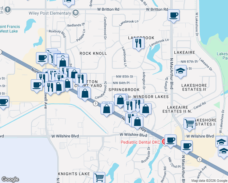 map of restaurants, bars, coffee shops, grocery stores, and more near 6321 Northwest 83rd Street in Oklahoma City