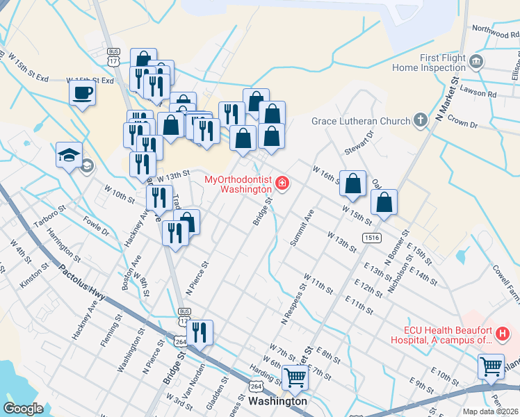 map of restaurants, bars, coffee shops, grocery stores, and more near 1200-1298 N Bridge St in Washington