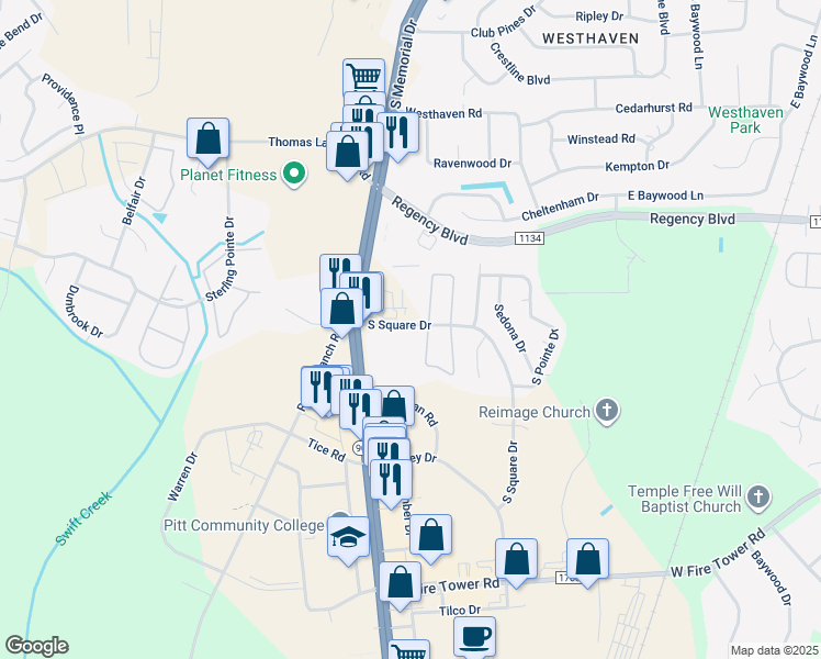 map of restaurants, bars, coffee shops, grocery stores, and more near 305 South Square Drive in Winterville
