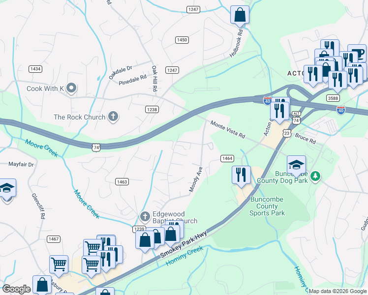 map of restaurants, bars, coffee shops, grocery stores, and more near 168 Maple Avenue in Asheville