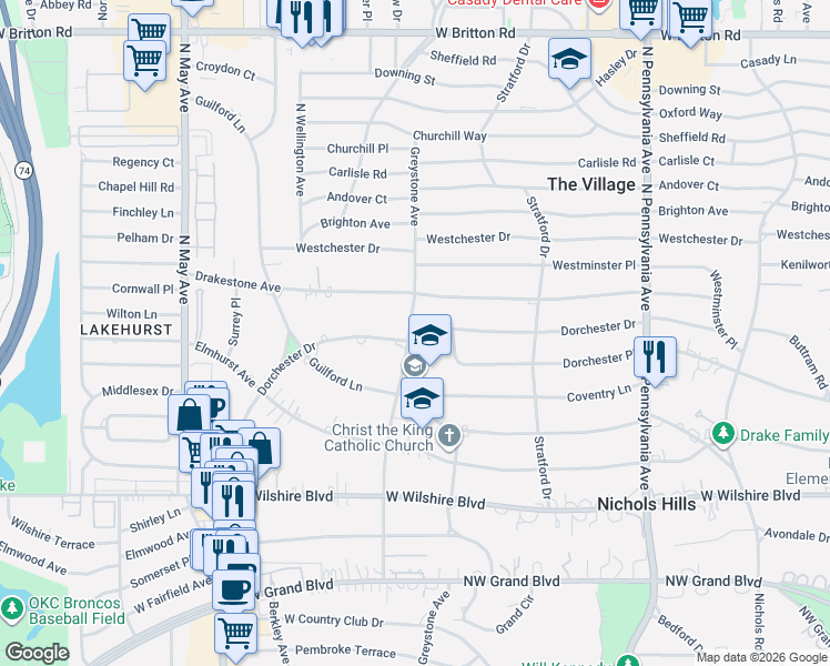 map of restaurants, bars, coffee shops, grocery stores, and more near 1908 Dorchester Drive in Nichols Hills