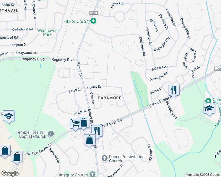 map of restaurants, bars, coffee shops, grocery stores, and more near 304 Donald Drive in Winterville