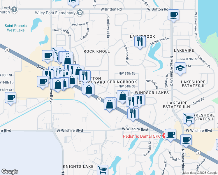 map of restaurants, bars, coffee shops, grocery stores, and more near 8337 Candlewood Drive in Oklahoma City