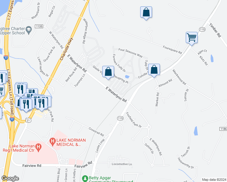 map of restaurants, bars, coffee shops, grocery stores, and more near 225 East Waterlynn Road in Mooresville
