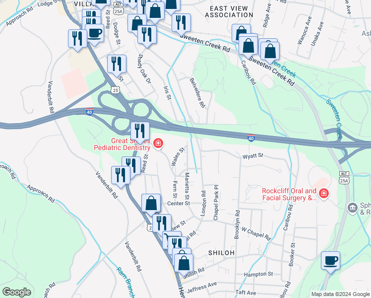 map of restaurants, bars, coffee shops, grocery stores, and more near 73 Marietta Street in Asheville