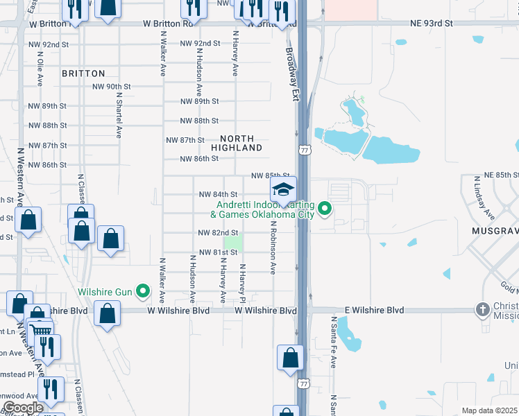 map of restaurants, bars, coffee shops, grocery stores, and more near 217 Northwest 83rd Street in Oklahoma City
