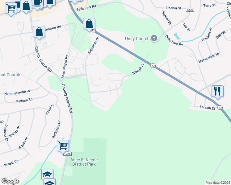 map of restaurants, bars, coffee shops, grocery stores, and more near 4036 Bluebill Drive in Greenville