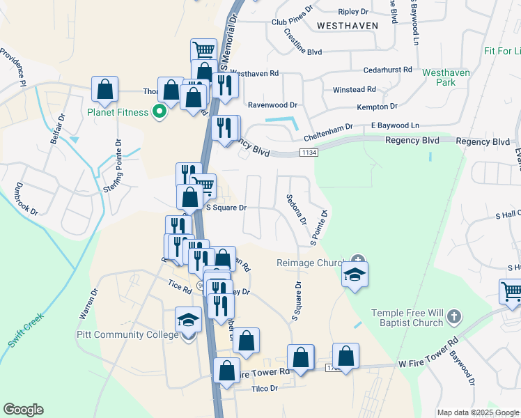 map of restaurants, bars, coffee shops, grocery stores, and more near 587 Square Street in Greenville