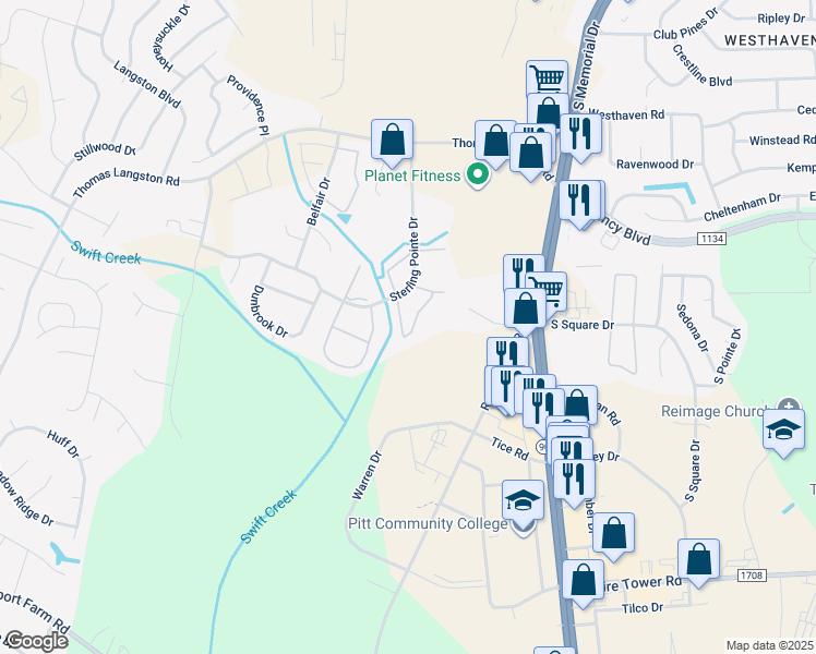 map of restaurants, bars, coffee shops, grocery stores, and more near 3917 Sterling Pointe Drive in Winterville