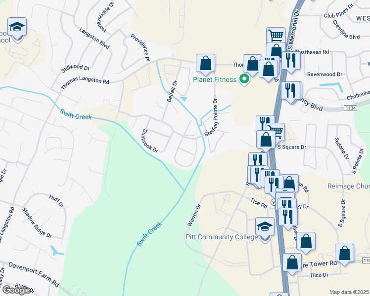 map of restaurants, bars, coffee shops, grocery stores, and more near 3949 Sterling Pointe Drive in Winterville