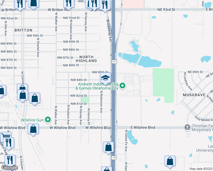 map of restaurants, bars, coffee shops, grocery stores, and more near 8400 North Robinson Avenue in Oklahoma City