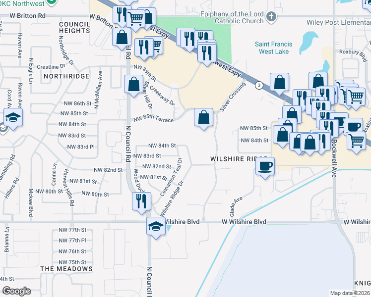 map of restaurants, bars, coffee shops, grocery stores, and more near 8405 Wilshire Ridge Drive in Oklahoma City