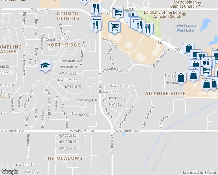 map of restaurants, bars, coffee shops, grocery stores, and more near 7913 Northwest 83rd Street in Oklahoma City